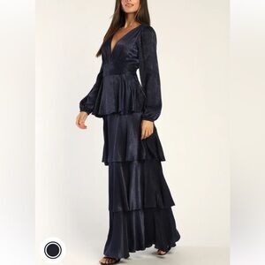 Tier For Love Navy Blue Satin Long Sleeve Tiered Maxi Dress